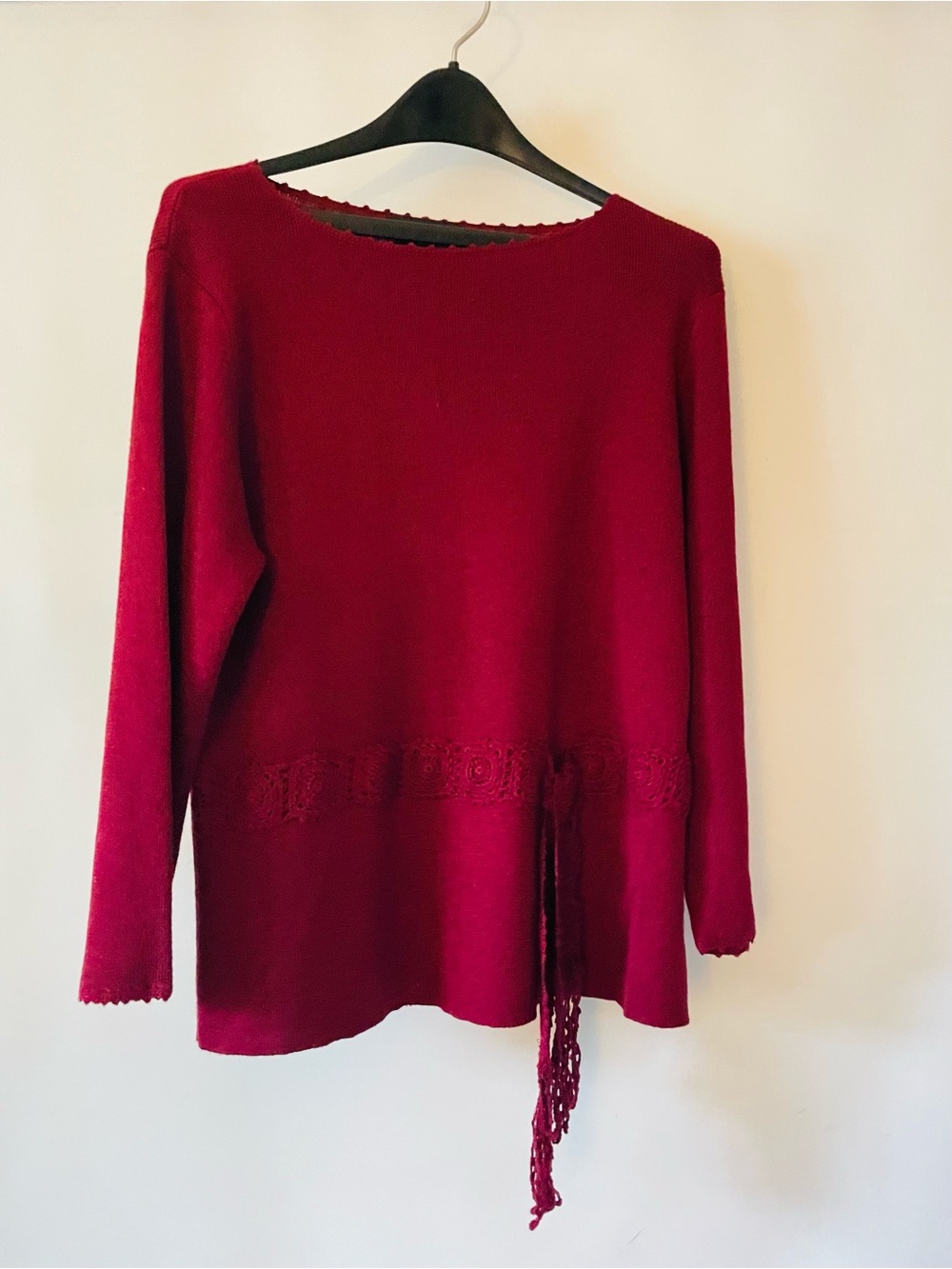 Sag Harbor Deep Red Long Sleeve Knit Top with Tassel Lace Detail